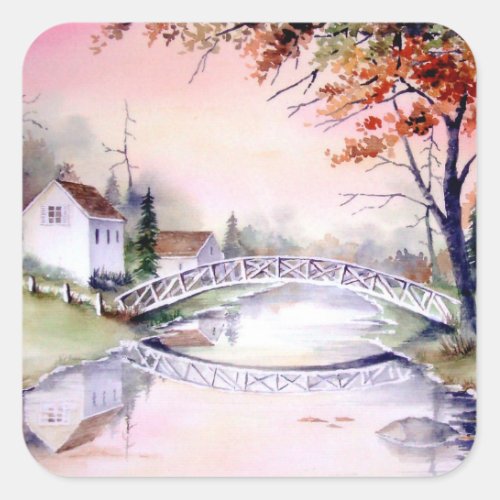 Arched Bridge Watercolor Painting Square Sticker