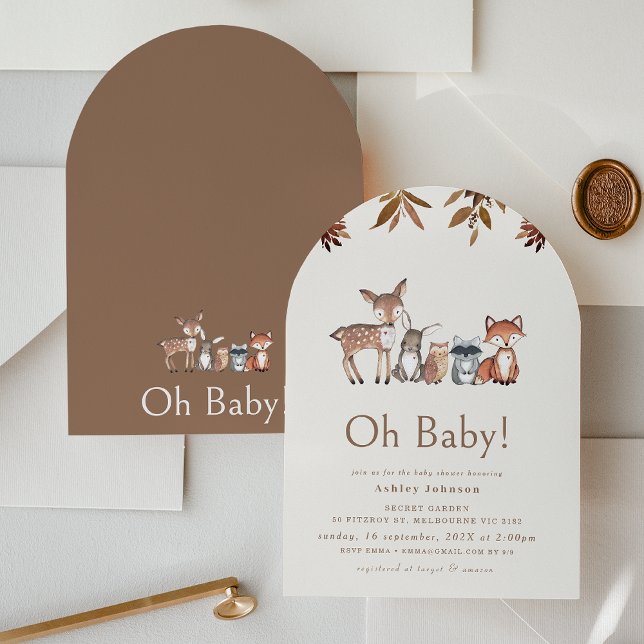 Arched Brown Foliage Woodland Animals Baby Shower Invitation ( Arched Woodland Animal Baby Shower Invitation, Gender Neutral Woodland Baby Shower Invitation)