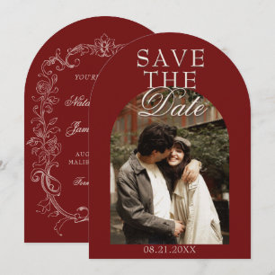 Arched Burgundy Photo Old Money Retro Wedding Save The Date