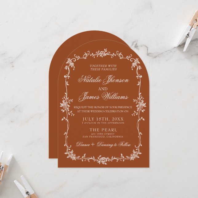 Arched Burnt Orange Floral Boho Terracotta Wedding Invitation (Front/Back In Situ)