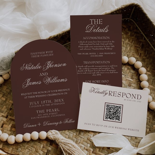 Arched Chocolate Brown Old Money Retro Wedding Invitation (Creator Uploaded)