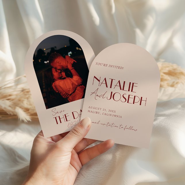 Arched Deep Red Whimsical Retro Photo Wedding Save The Date (Creator Uploaded)