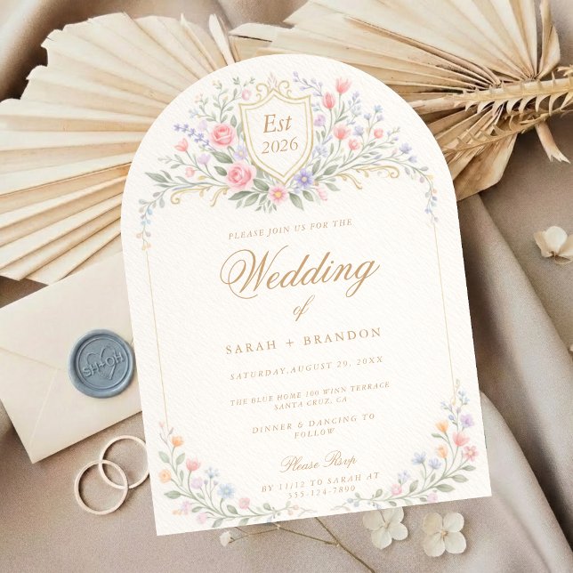 Arched Floral Wedding Monogram, Romantic Garden Invitation (Creator Uploaded)