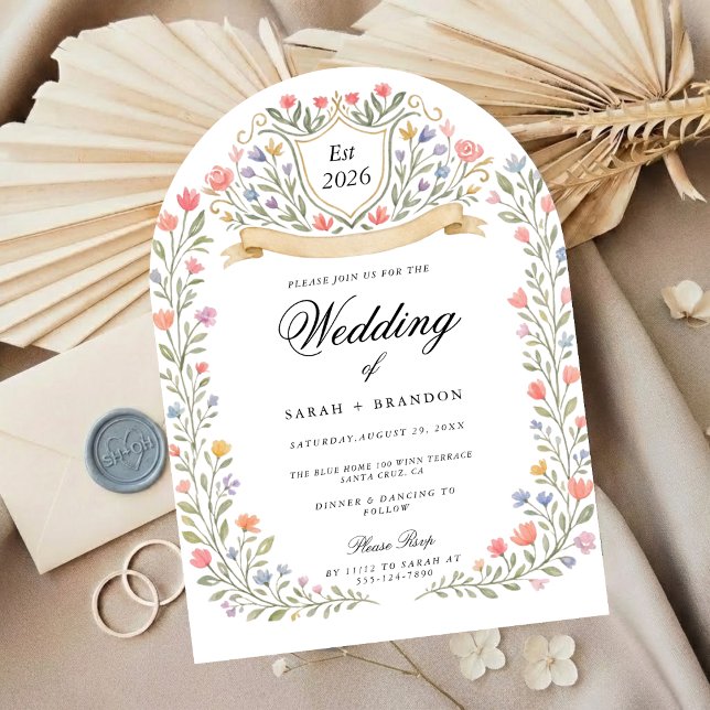 Arched Floral Wedding Monogram, Romantic Garden Invitation (Creator Uploaded)