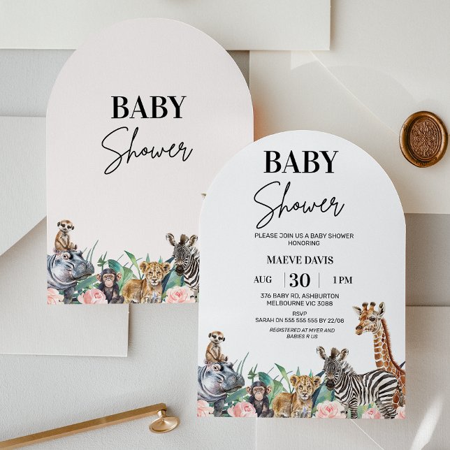 Arched Girls Pink Floral Safari Baby Shower  Invitation (Girls Pink Floral Safari Baby Shower Invitation Modern, Safari Animals Baby Shower invite, Arched)