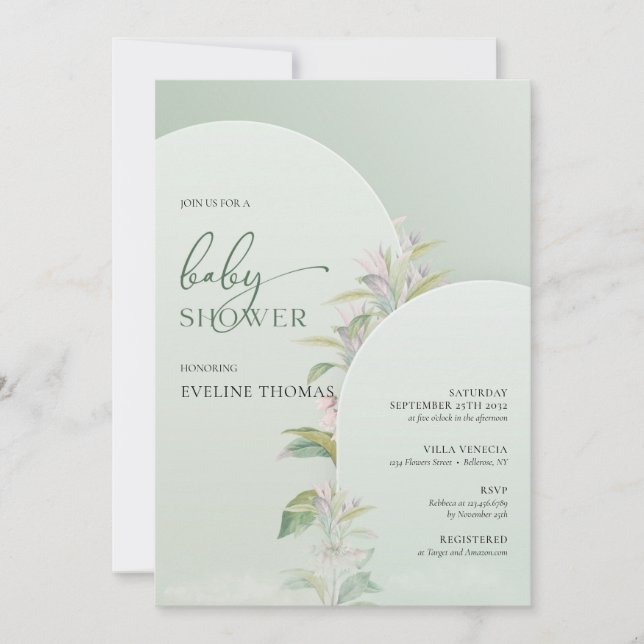Arched greenery folaige blush floral boho spring invitation (Front)