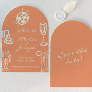 Arched Hand Drawn Coral Romantic Whimsical Wedding Save The Date