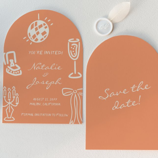 Arched Hand Drawn Coral Romantic Whimsical Wedding Save The Date (Creator Uploaded)