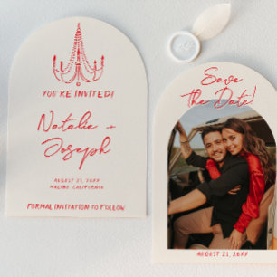 Arched Hand Drawn Red Old Money Photo Wedding Save The Date