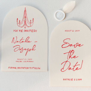 Arched Hand Drawn Red Old Money Retro Wedding Save The Date