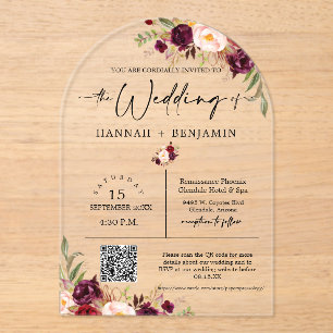 Arched Marsala Boho Wedding Modern Minimal QR Code Acrylic Invitations