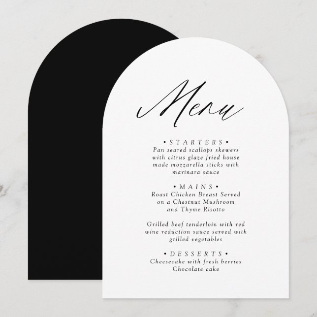 Arched Modern Black & White Minimalist Menu Card (Front/Back)