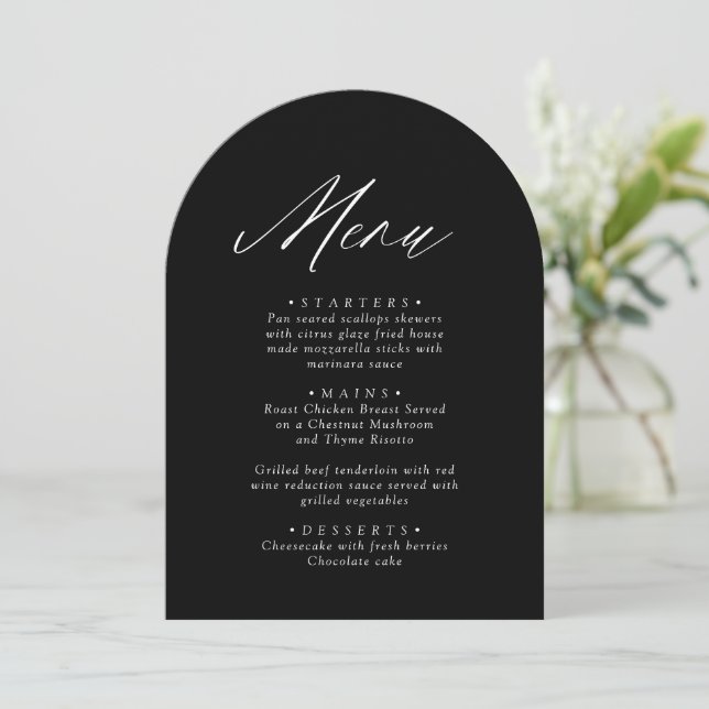 Arched Modern Black & White Minimalist Menu Card (Standing Front)