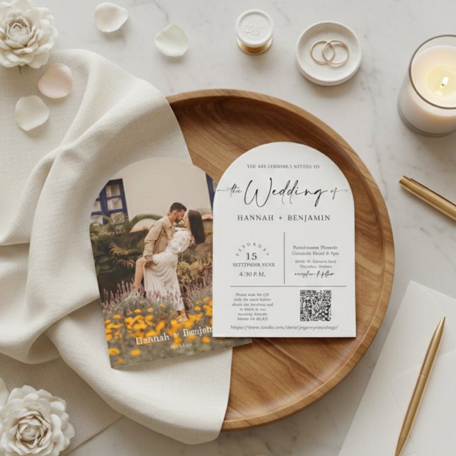 Arched Modern Minimal Script Wedding QR Code Photo Invitation (Creator Uploaded)