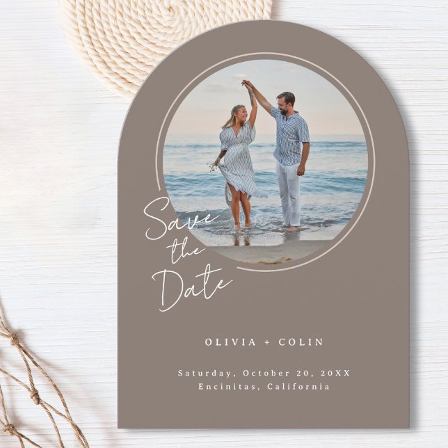 Arched Photo Casual Script First Names Taupe Save The Date (Arched Photo Casual Script First Names Taupe Wedding Save The Date Card Modern Coastal Beach Wedding)