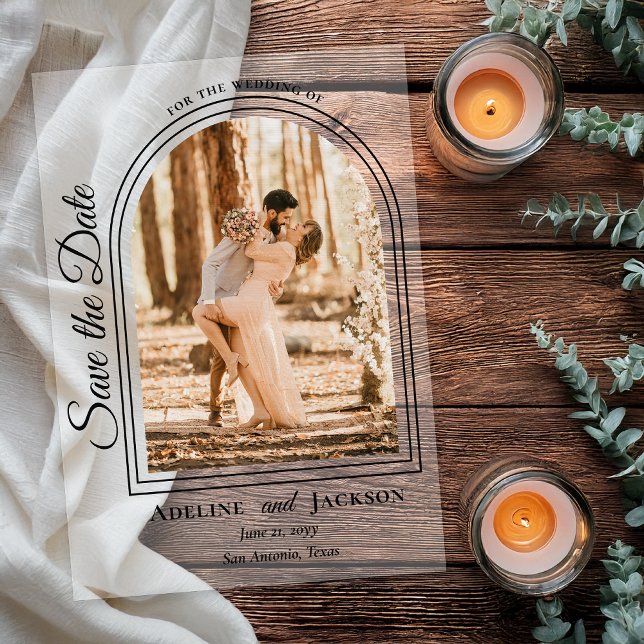 Arched Photo Elegant Script Save the Date (Arched Photo Elegant Script "Save the Date" Acrylic Announcement - Black Text and Accents)