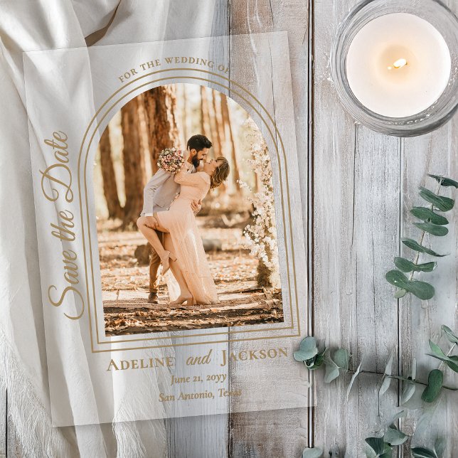 Arched Photo Elegant Script Save the Date (Arched Photo Elegant Script "Save the Date" Acrylic Announcement - Natural Text and Accents)