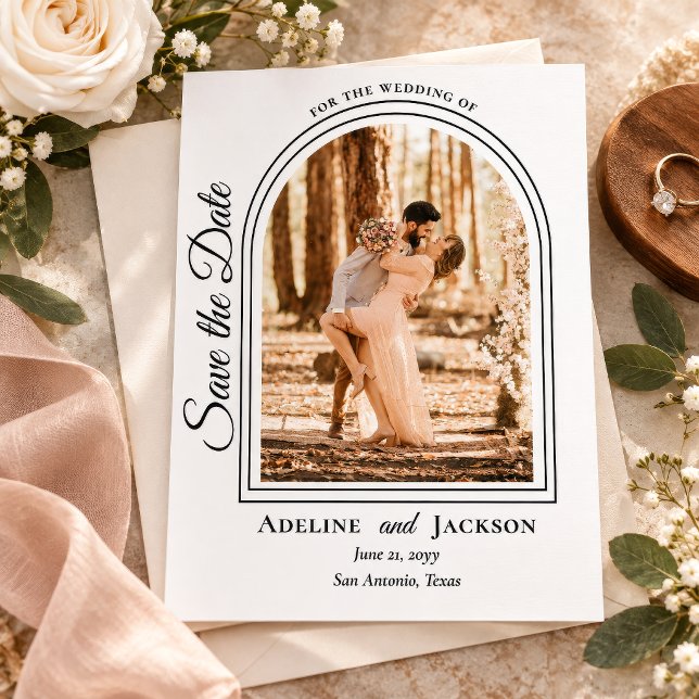 Arched Photo Elegant Script Save the Date (Elegant arched photo save the date with romantic script, black detailing, and timeless wedding style)