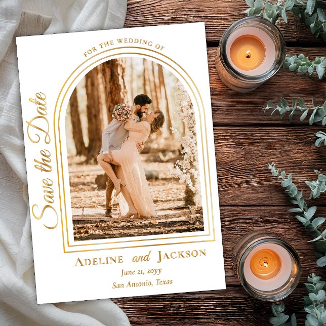 Arched Photo Elegant Script Save the Date Foil Invitation (Arched Photo Elegant Script "Save the Date" Foil Announcement)