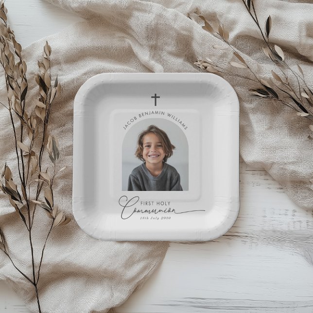 Arched Photo First Communion Boy Paper Plates (Zazzle Arched Photo First Communion Boy Paper Plates)