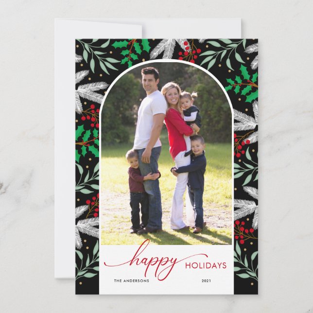 Arched Photo Greenery Black Happy Holidays Card (Front)