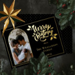 Arched Photo Merry Christmas and Holly on Black Foil Holiday Card<br><div class="desc">Classy,  understated and elegant "Merry Christmas" and holly script text design featuring your arched photo and beautiful foil text and details on front with a corresponding faux gold tiny dot background on back.</div>