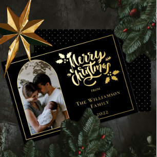 Arched Photo Merry Christmas and Holly on Black Foil Holiday Card