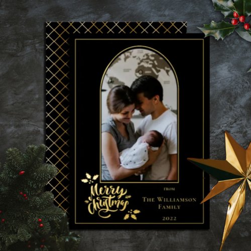 Arched Photo Merry Christmas and Holly on Black  Foil Holiday Card