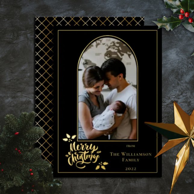 Arched Photo Merry Christmas and Holly on Black  Foil Holiday Card (Creator Uploaded)