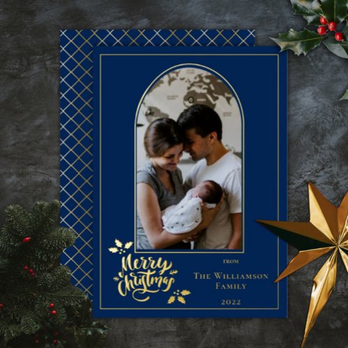 Arched Photo Merry Christmas and Holly on Dk Blue  Foil Holiday Card