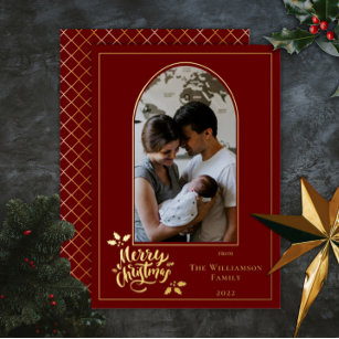 Arched Photo Merry Christmas and Holly on Dk Red F Foil Holiday Card