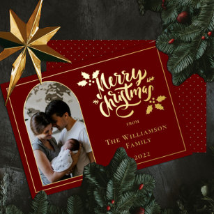 Arched Photo Merry Christmas and Holly on Dk Red Foil Holiday Card