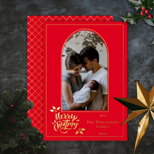 Arched Photo Merry Christmas and Holly on Red Foil Foil Holiday Card