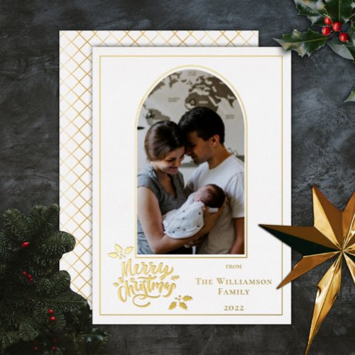 Arched Photo Merry Christmas and Holly on White Fo Foil Holiday Card