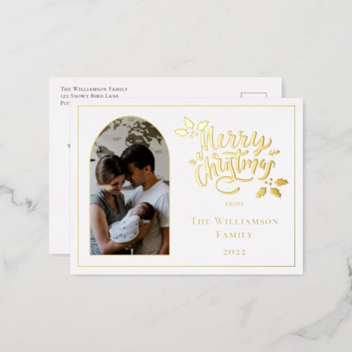 Arched Photo Merry Christmas and Holly on White Foil Holiday Postcard