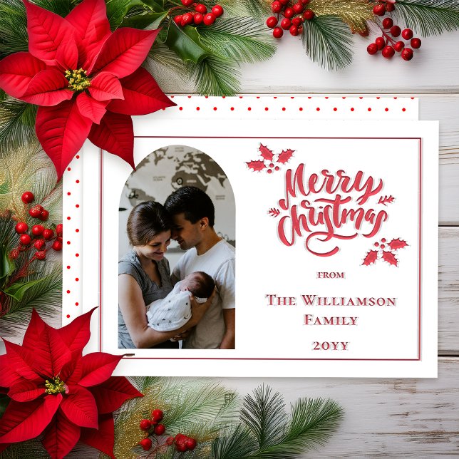 Arched Photo Merry Christmas and Holly - Red Letterpress Photo Cards (Elegant Minimalist Arched Photo "Merry Christmas" and Holly Letterpress Photo Cards - Red | White)