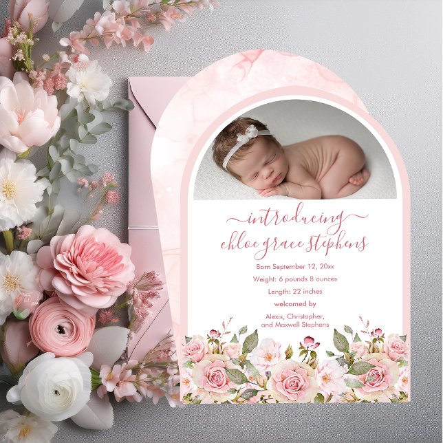 Arched Photo Pink Floral Girl Birth Announcement (Elegant Unique Arched Photo Pink Rose Floral Girl Birth Announcement)