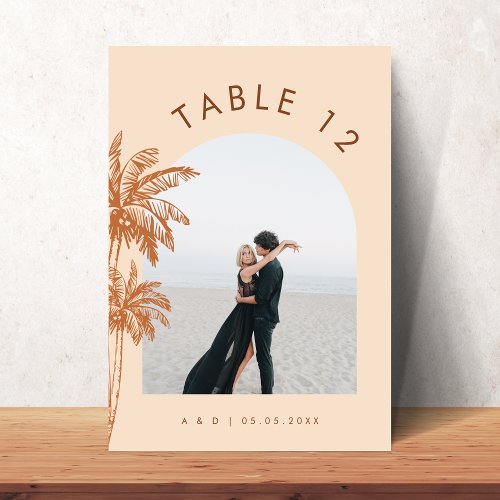 Arched Photo Text Boho Tropical Palm Tree Wedding Table Number
