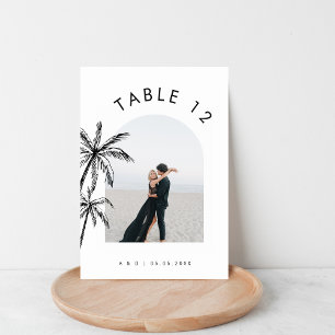 Arched Photo Text Hand Drawn Palm Tree Wedding Table Number