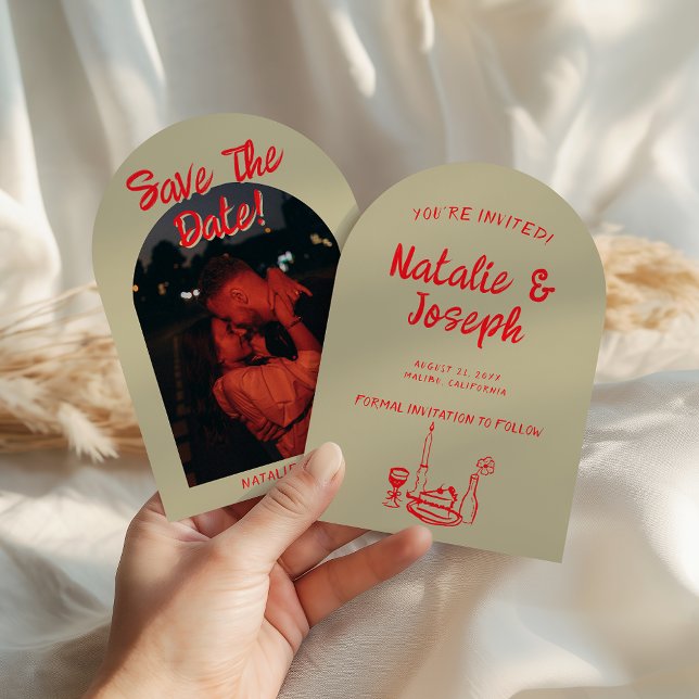 Arched Red Hand Drawn Retro Quirky Photo Wedding Save The Date (Creator Uploaded)
