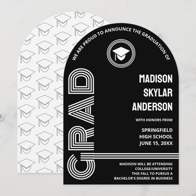 Arched Retro Black And White Custom Graduation Invitation (Front/Back)