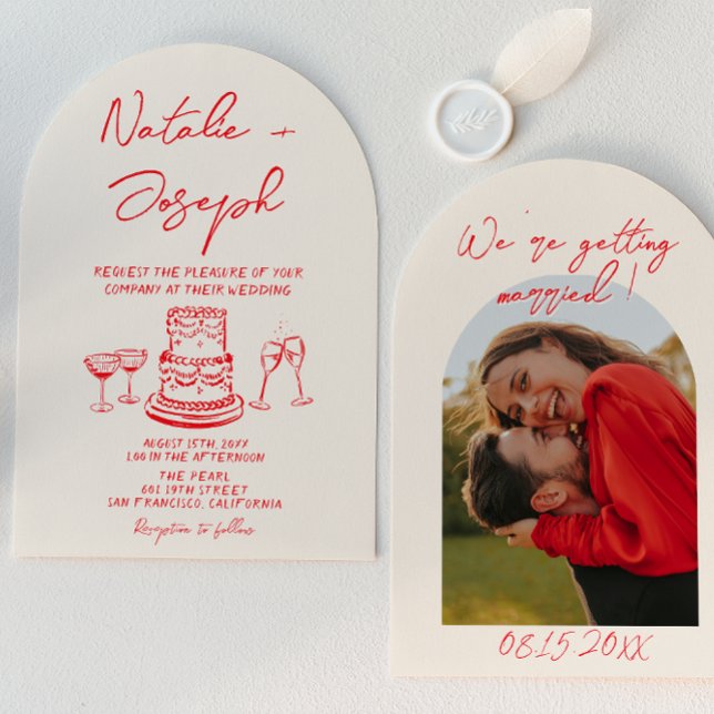Arched Retro Hand Drawn Red Unique Photo Wedding Invitation (Creator Uploaded)