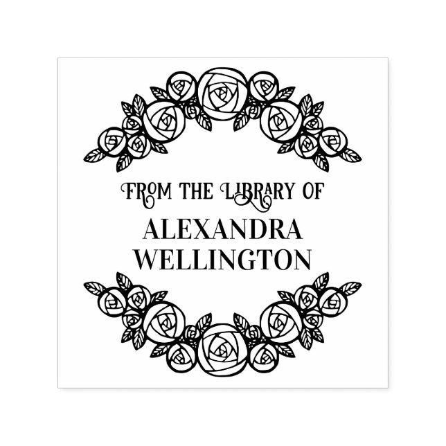 Arched Roses Framed Round Library Book Name Self-inking Stamp (Design)