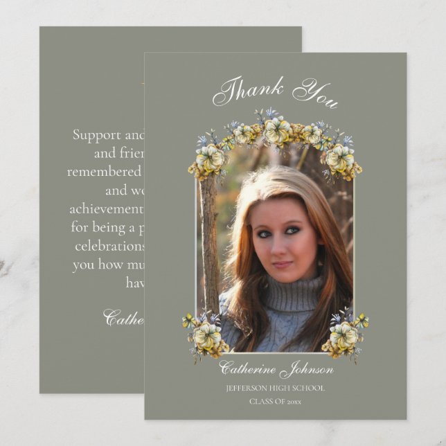 Arched Sage Green Floral Graduation Thank You Card (Front/Back)