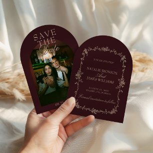 Arched Tamarind Beige Floral Photo Wedding Save The Date