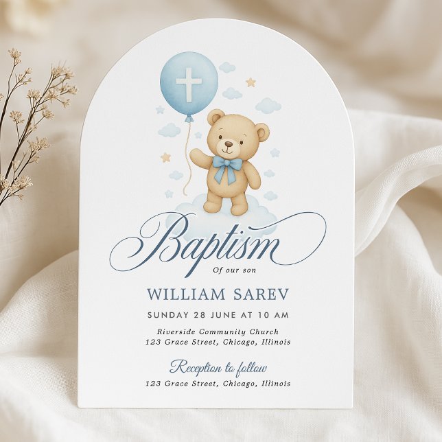 Arched Teddy Bear Boy Baptism Invitation (Elegant arched boy baptism invite with teddy and cross balloon – perfect for a timeless ceremony)