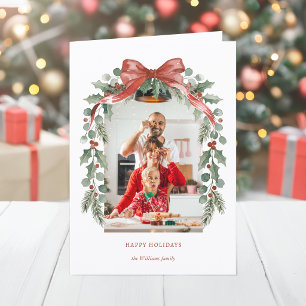 Arched Watercolor Christmas Bow w/Holly Photo Holiday Card