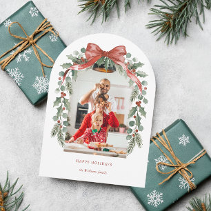 Arched Watercolor Christmas Bow w/Holly Photo Holiday Card