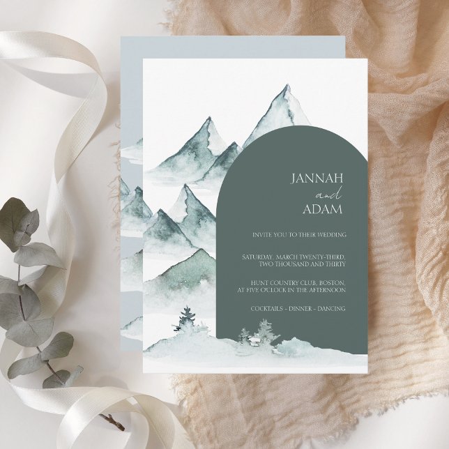 Arched Watercolor Mountain Green Winter Wedding Invitation (Creator Uploaded)