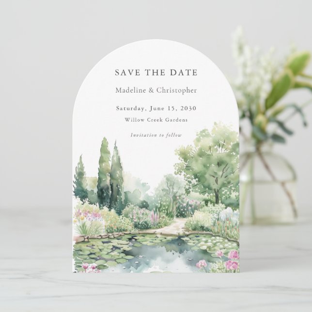 Arched Watercolor Summer Garden Landscape Wedding Save The Date (Standing Front)